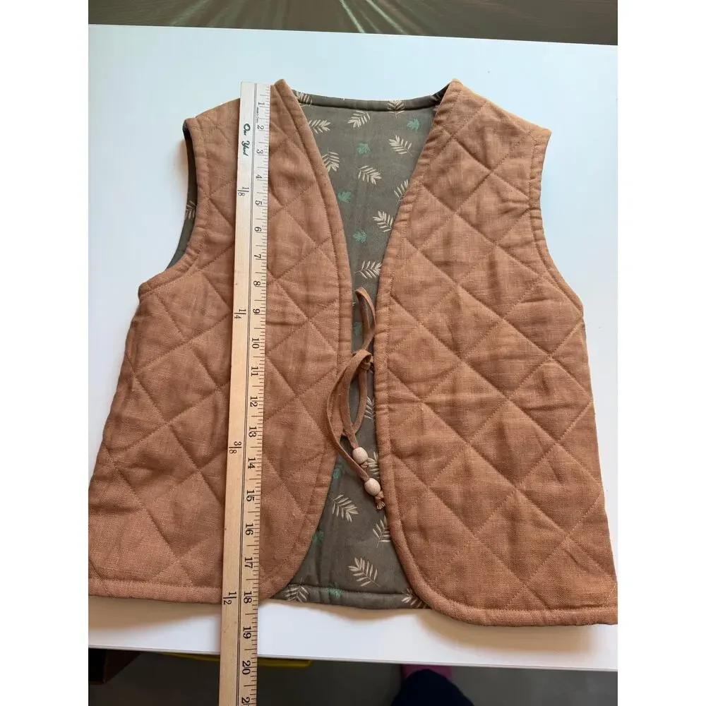 Kids 100% Linen Quilted Vest Size 6-7 Reversible Fall Pumpkin Patch Hand Made
